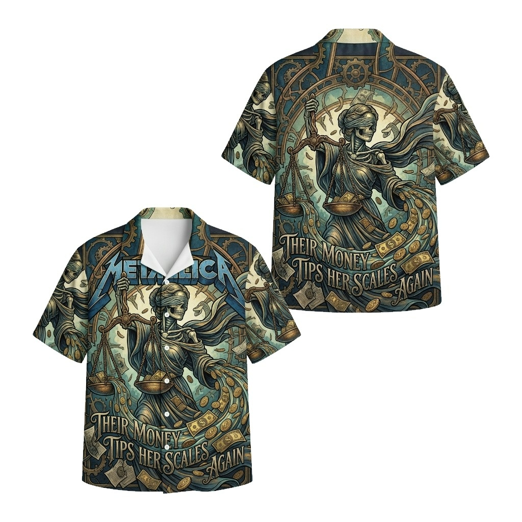 Hawaiian Shirt Metallica Justice For All Skeleton Blue Gold