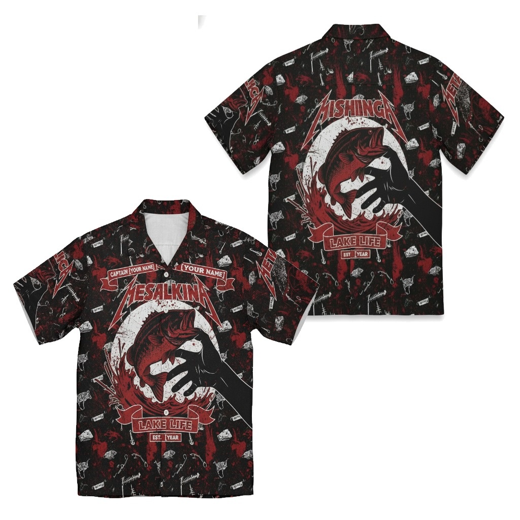 Black Red Fishing Graphic Hawaiian Shirt Custom Name Lake