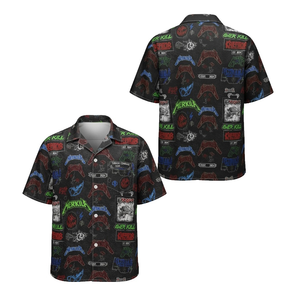 Black Thrash Metal Band Print Button Up Shirt