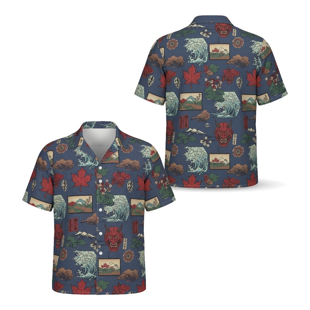 Blue Japanese Art Hawaiian Shirt Red Maple Wave Design
