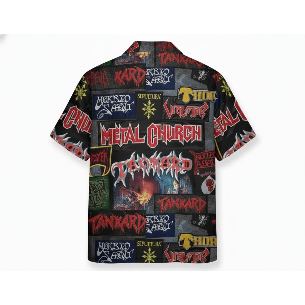 Bold Black And Red Metal Band Print Hawaiian Shirt - Image 2