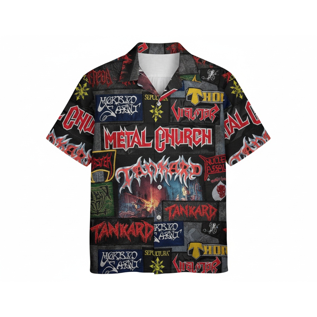 Bold Black And Red Metal Band Print Hawaiian Shirt - Image 3