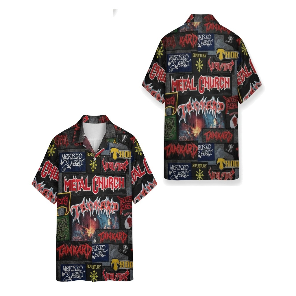 Bold Black And Red Metal Band Print Hawaiian Shirt