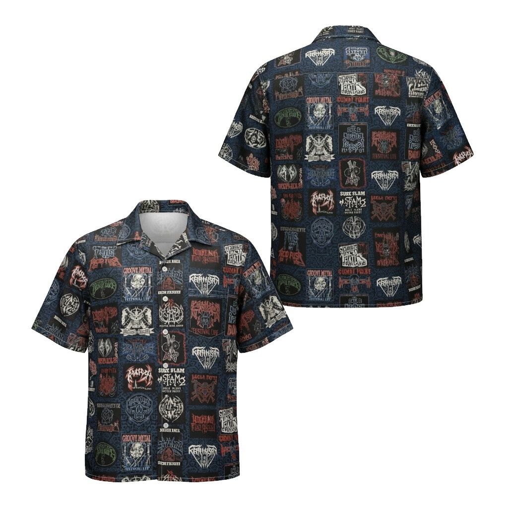 Dark Blue Heavy Metal Band Graphic Button Up Shirt Men's