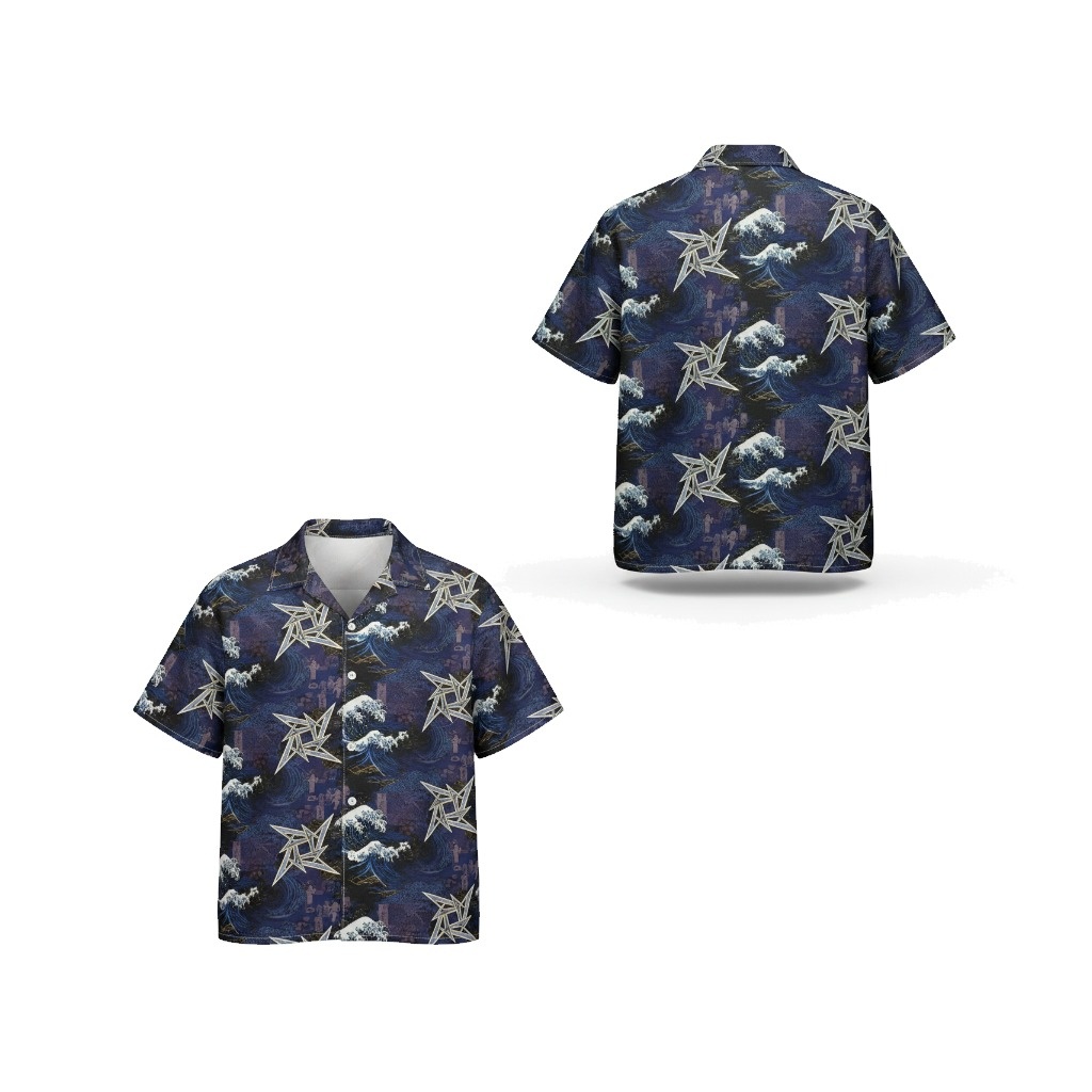 Dark Blue Japanese Wave Shirt Stylish Graphic Print Short