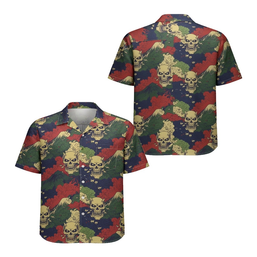 Dark Blue Skull Mountain Print Hawaiian Shirt Men's Short