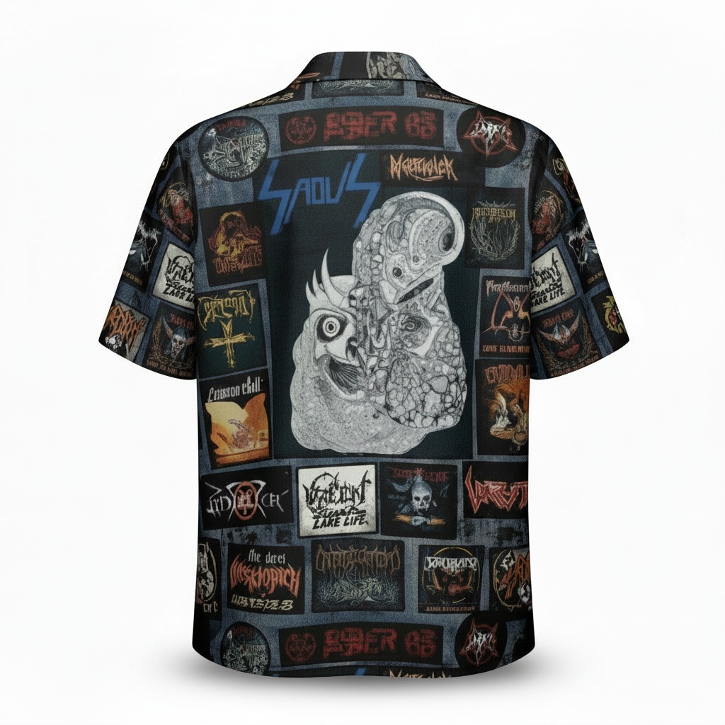 Dark Denim Heavy Metal Band Graphic Hawaiian Shirt - Image 3