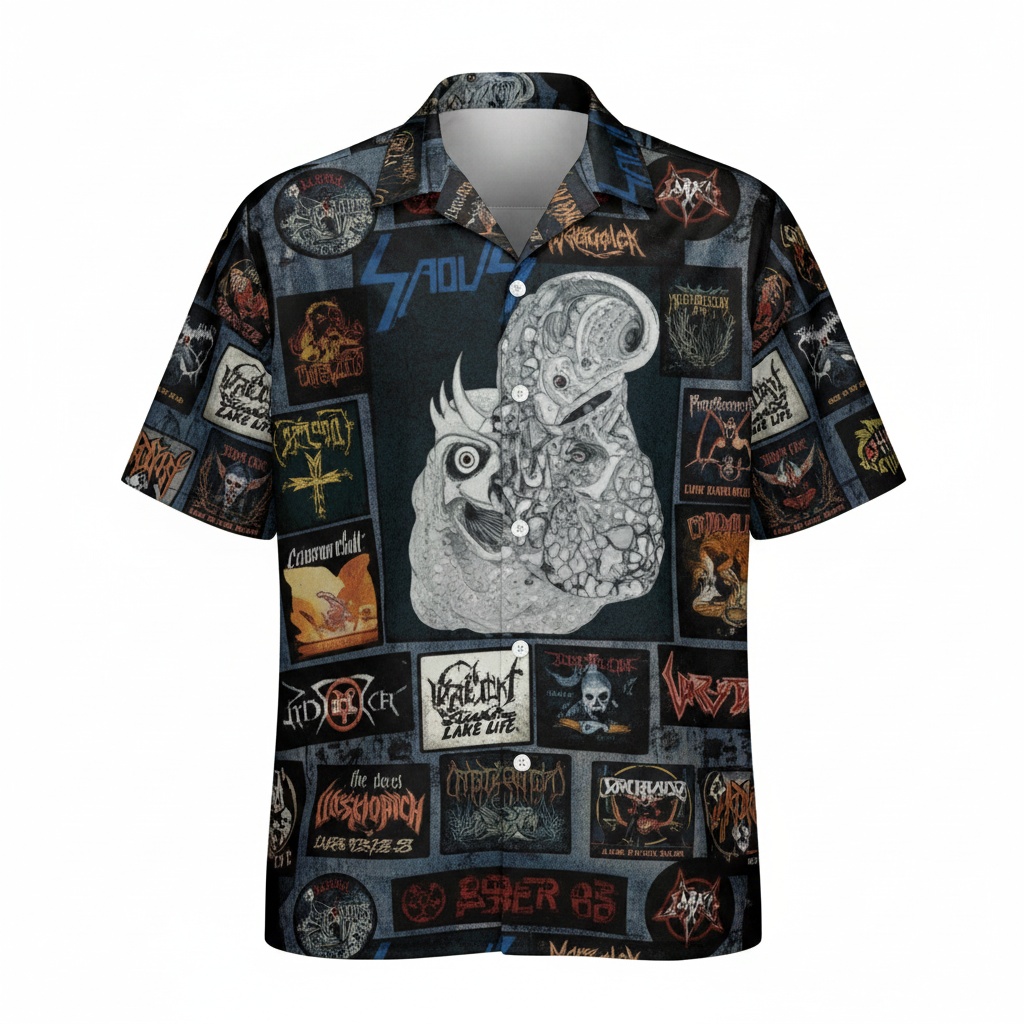 Dark Denim Heavy Metal Band Graphic Hawaiian Shirt - Image 2