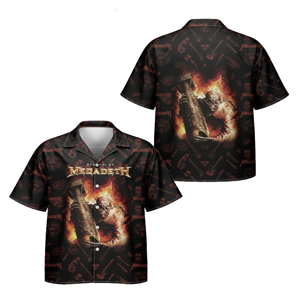 Megadeth Skull Bomb Hawaiian Shirt Black Fire Design