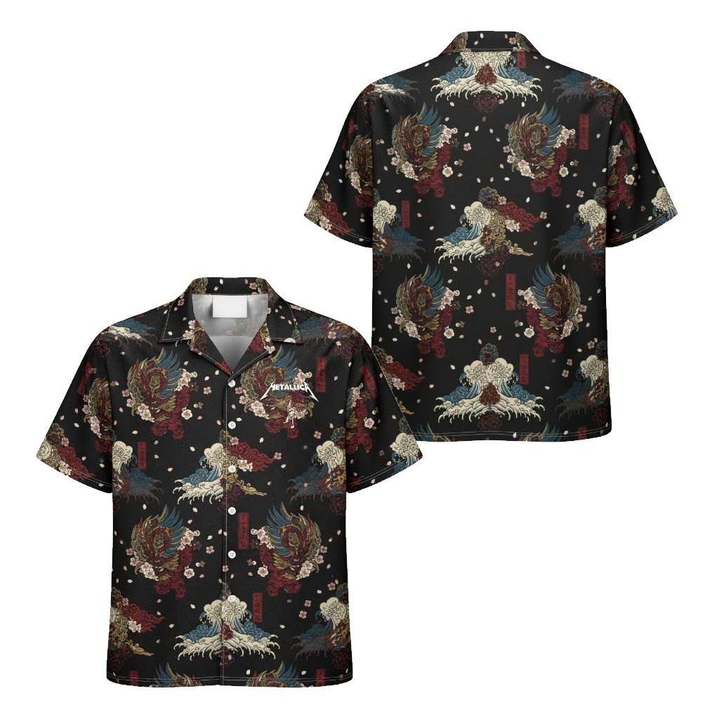 Metallica Black Japanese Wave Dragon Print Button Up Shirt
