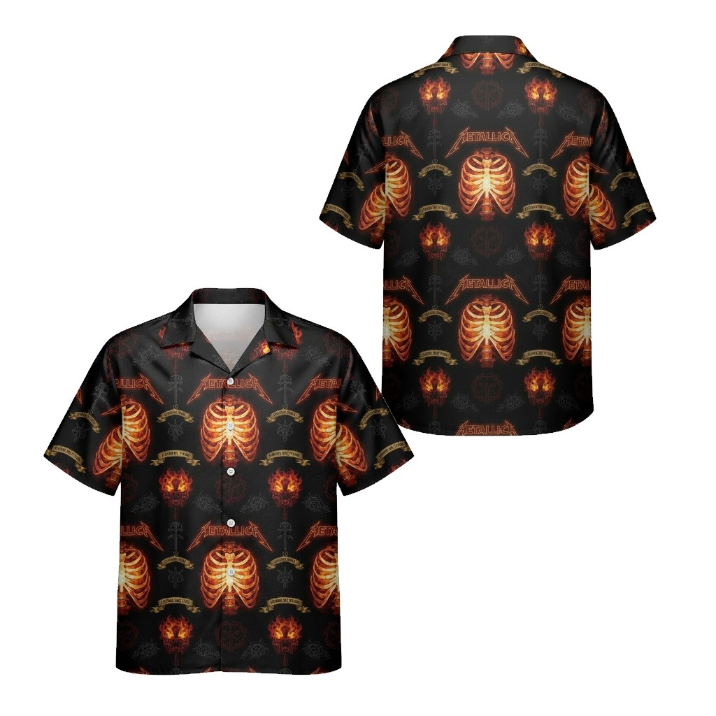 Metallica Fiery Ribcage Hawaiian Shirt Black