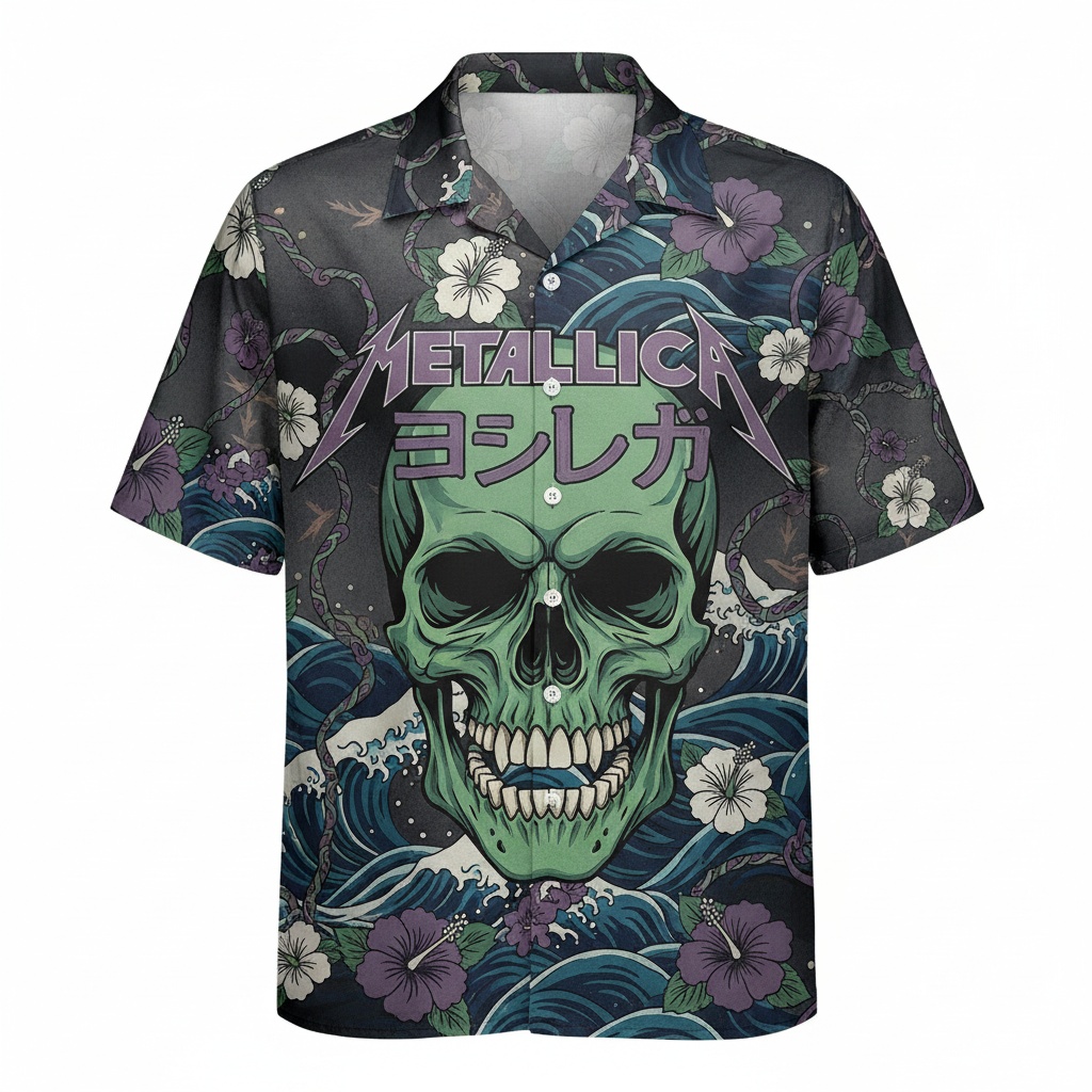 Metallica Skull Hawaiian Shirt Dark Waves Floral Print - Image 3
