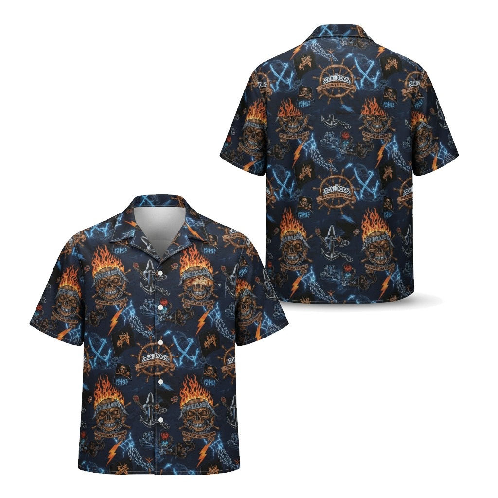Navy Blue Skull Fire Hawaiian Shirt Men's Casual Beach Vibe