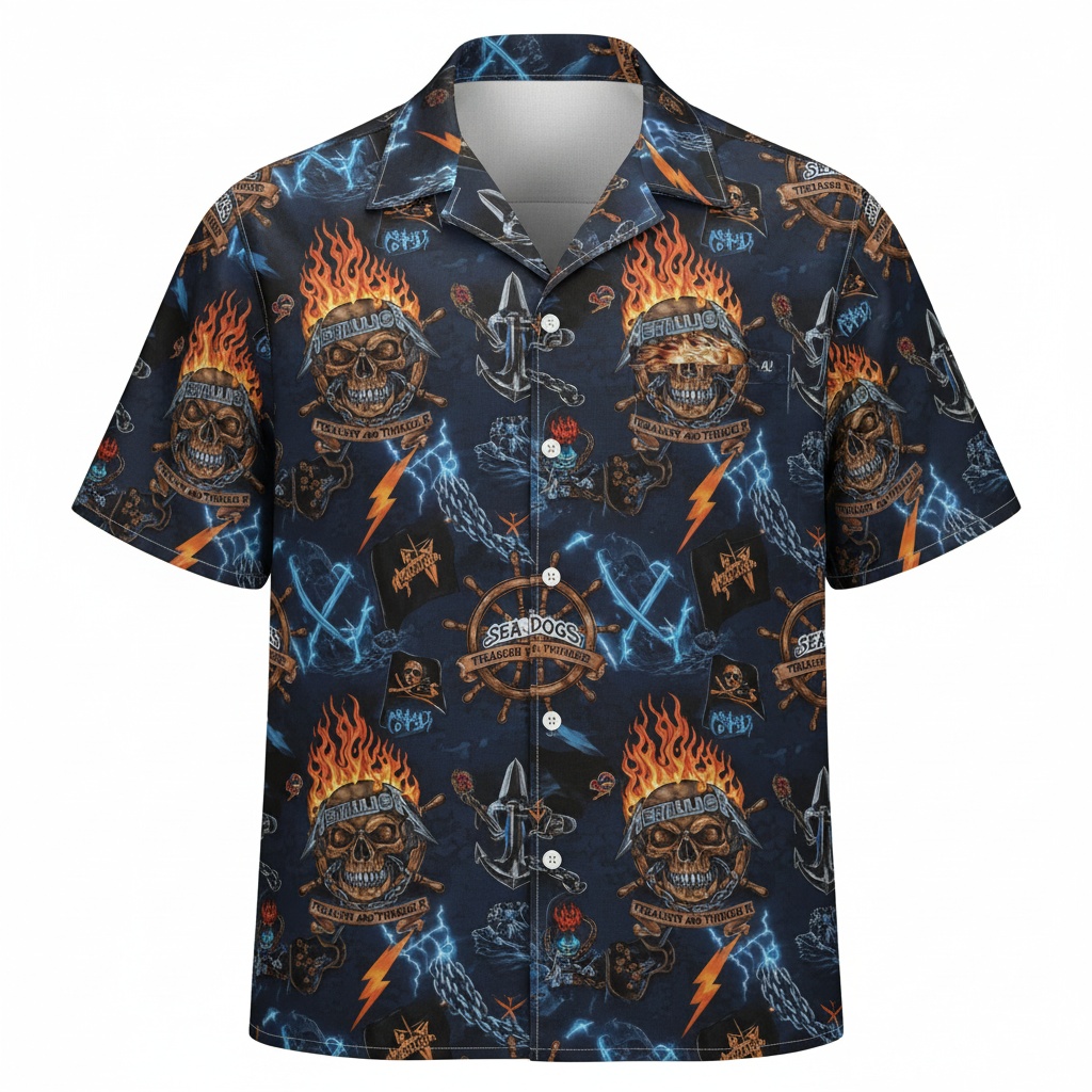 Navy Blue Skull Fire Hawaiian Shirt Men's Casual Beach Vibe - Image 2