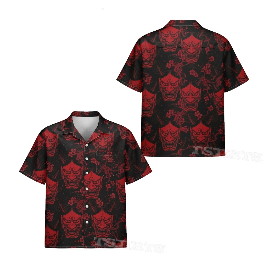 Red Oni Mask Hawaiian Shirt Black Floral Print Summer Style