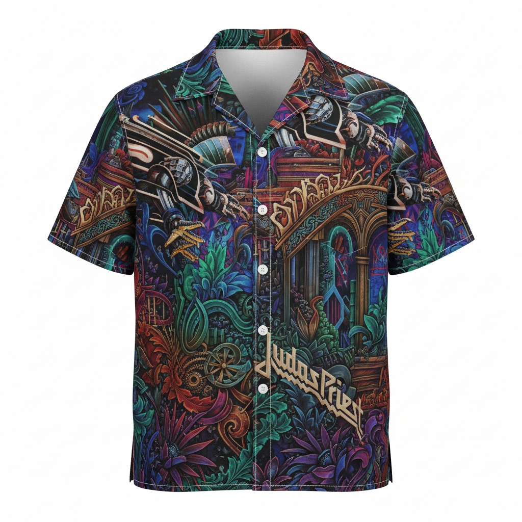 Vibrant Psychedelic Metal Band Shirt Judas Priest Hawaiian - Image 2