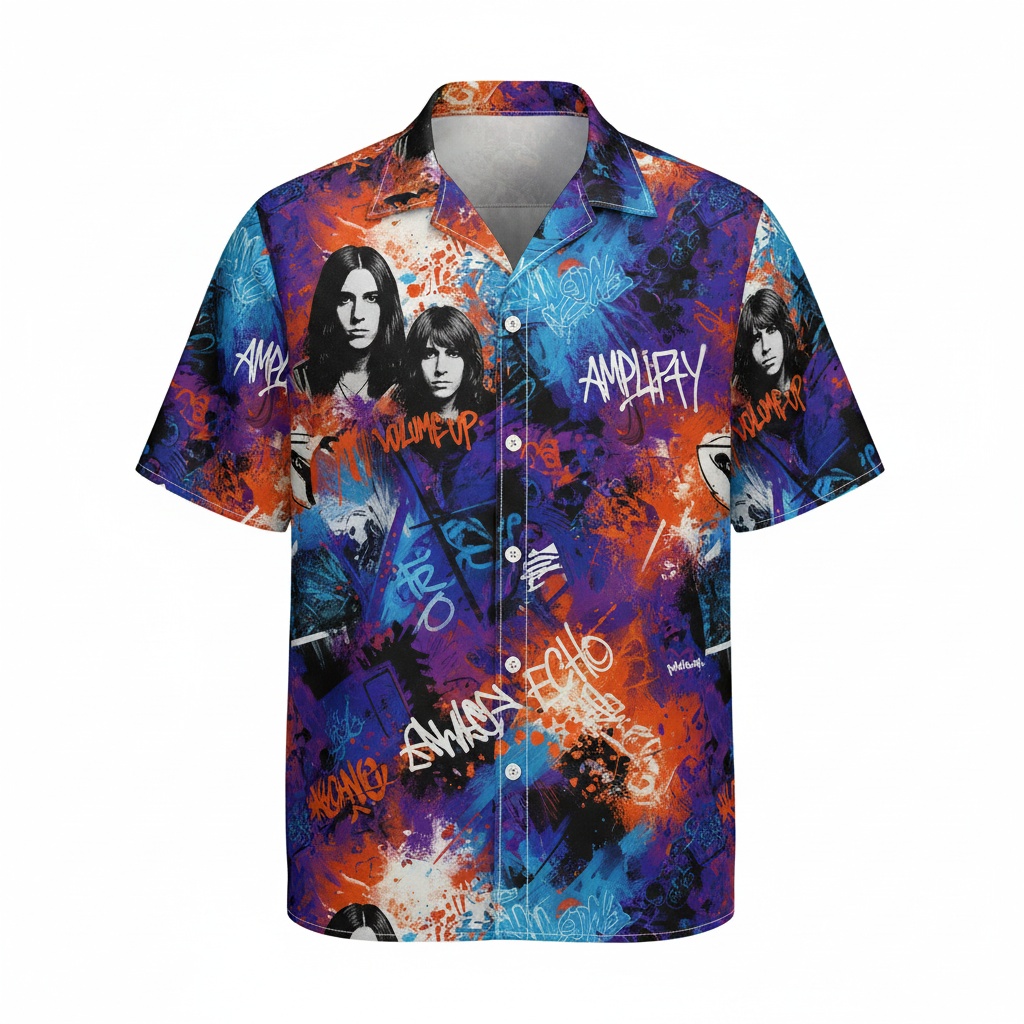 Vibrant Purple Orange Amplify Band Hawaiian Shirt Men - Image 2